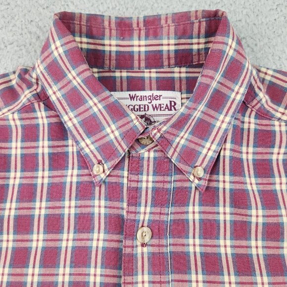 Vtg Wrangler Button Shirt Mens Medium Rugged Wear Brick Red Plaid Sawtooth Rodeo - Picture 4 of 11